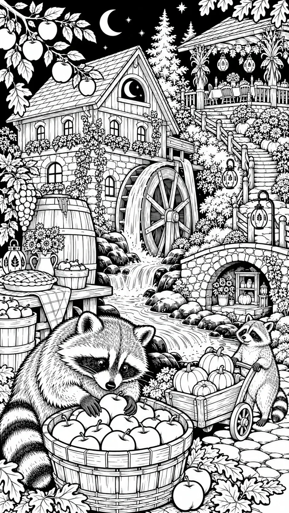 A detailed coloring page shows two raccoons with apples and pumpkins beside a watermill, stream, and farmhouse under a crescent moon.