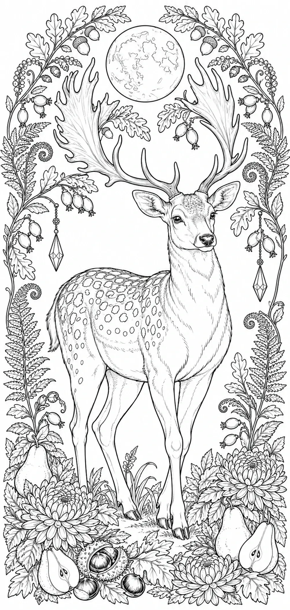 A fallow deer with large antlers stands inside an autumn foliage border coloring page.