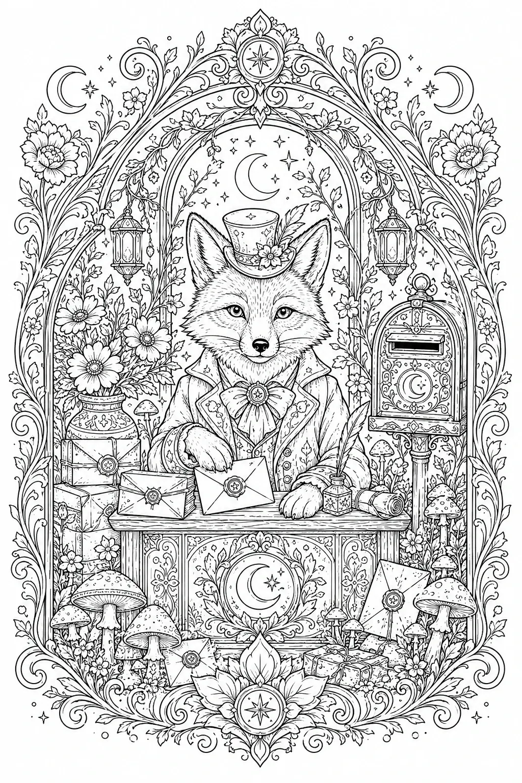 A detailed coloring page of a fox wearing a suit and top hat, sitting at a desk in an ornate floral fantasy scene with envelopes, mushrooms, moon, and stars.