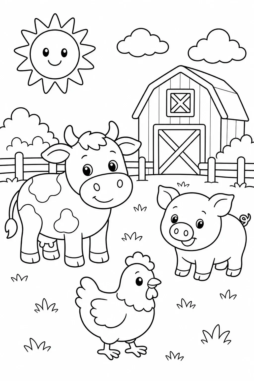 Cute farm scene coloring page with a cow, pig, chicken, barn, sun, clouds, and fence.