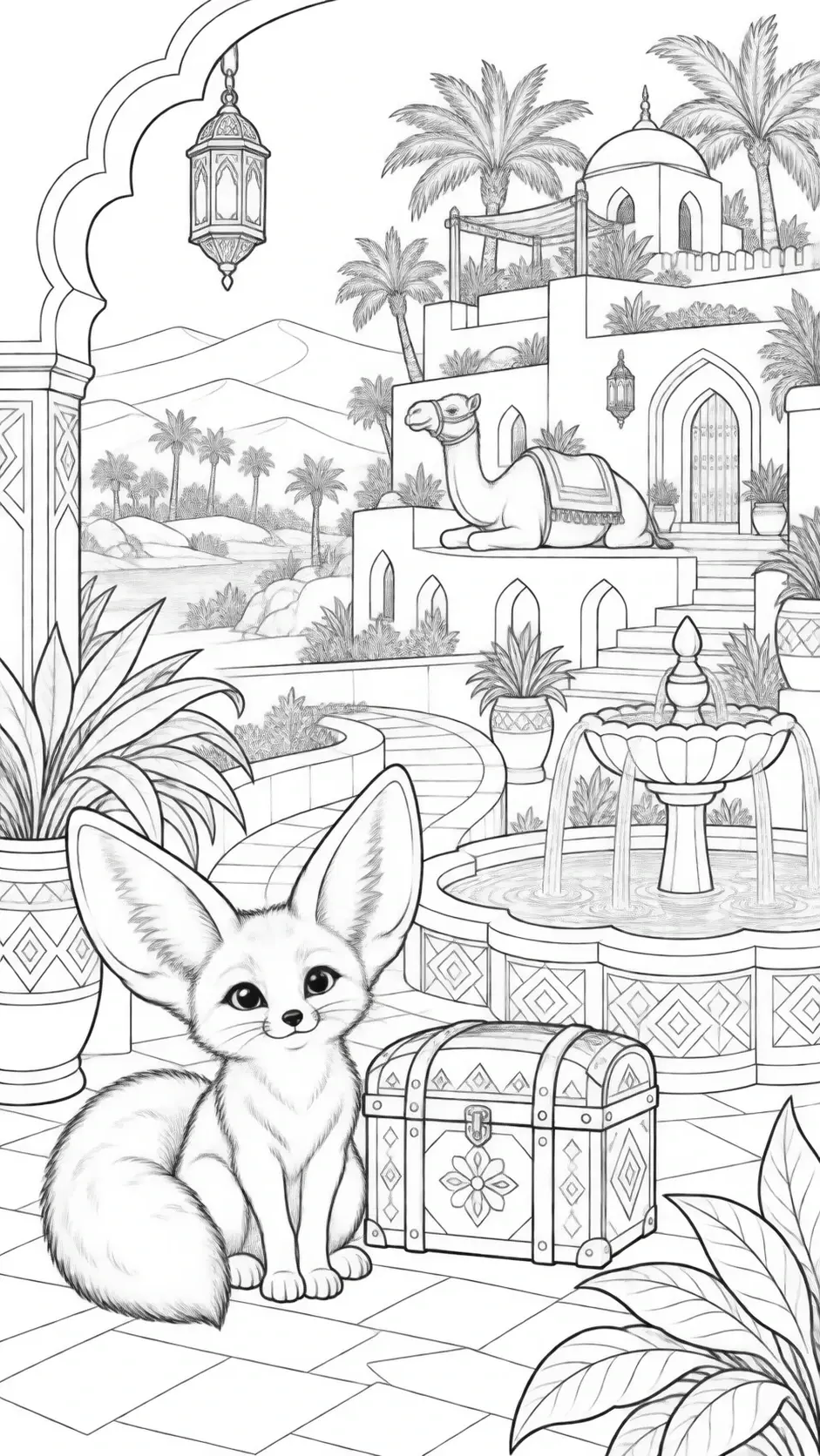 A fennec fox sits beside a treasure chest in a detailed desert courtyard coloring page with a fountain, lantern, and palm trees.