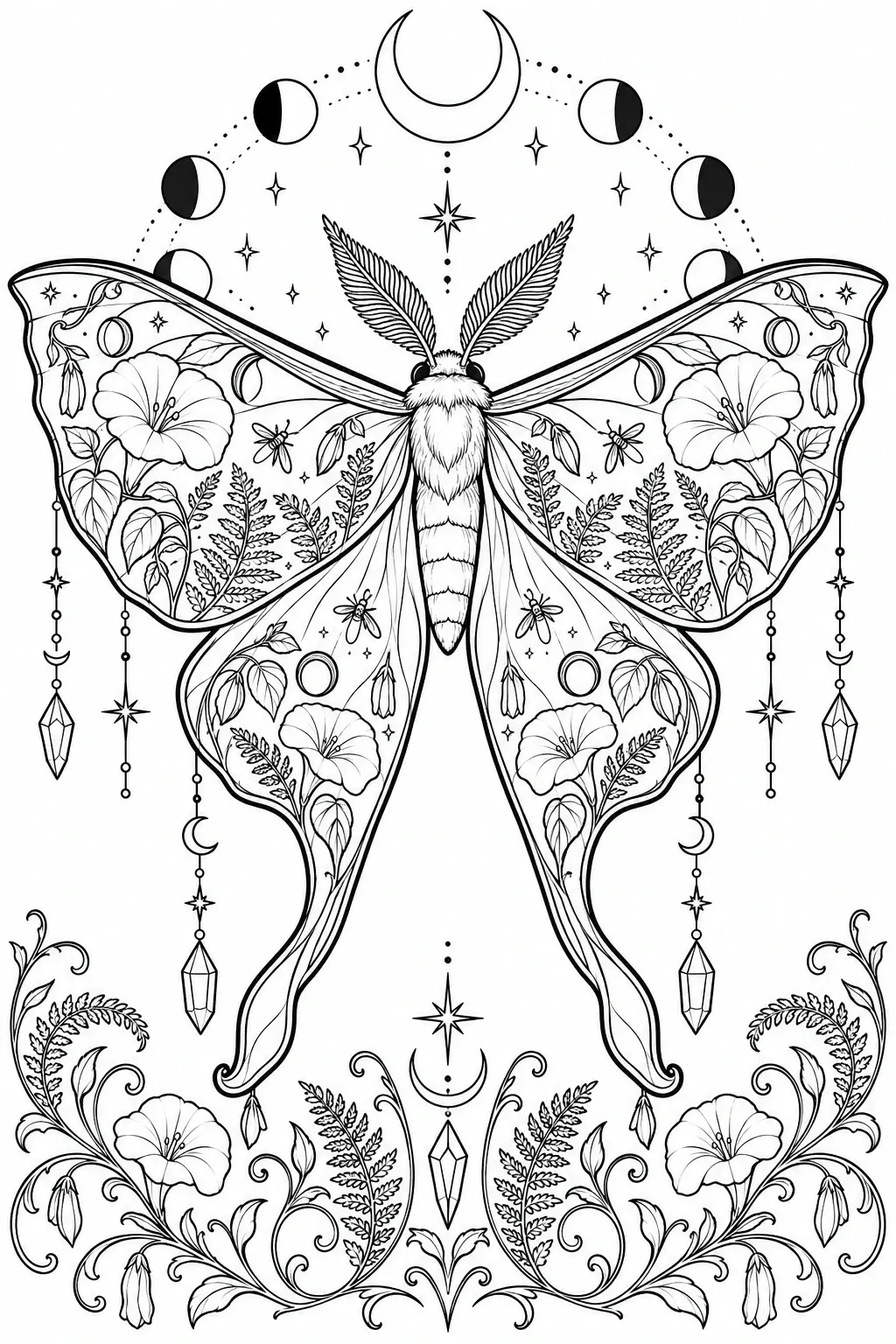 An intricate moth coloring page shows one moth with wide patterned wings surrounded by flowers, ferns, stars, and moon phases.