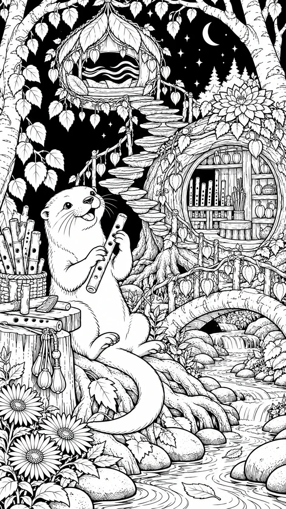 A smiling otter plays a flute beside woodland tree homes, flowers, and a winding stream in this detailed coloring page.