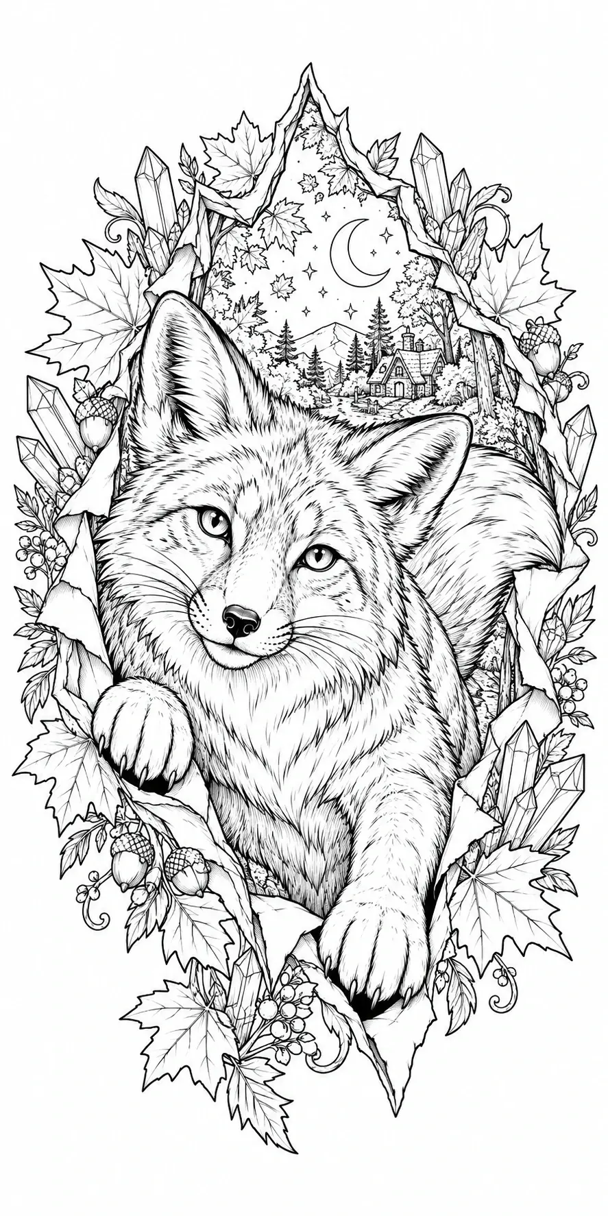 A fox coloring page with autumn leaves, acorns, crystals, and a moonlit forest scene.