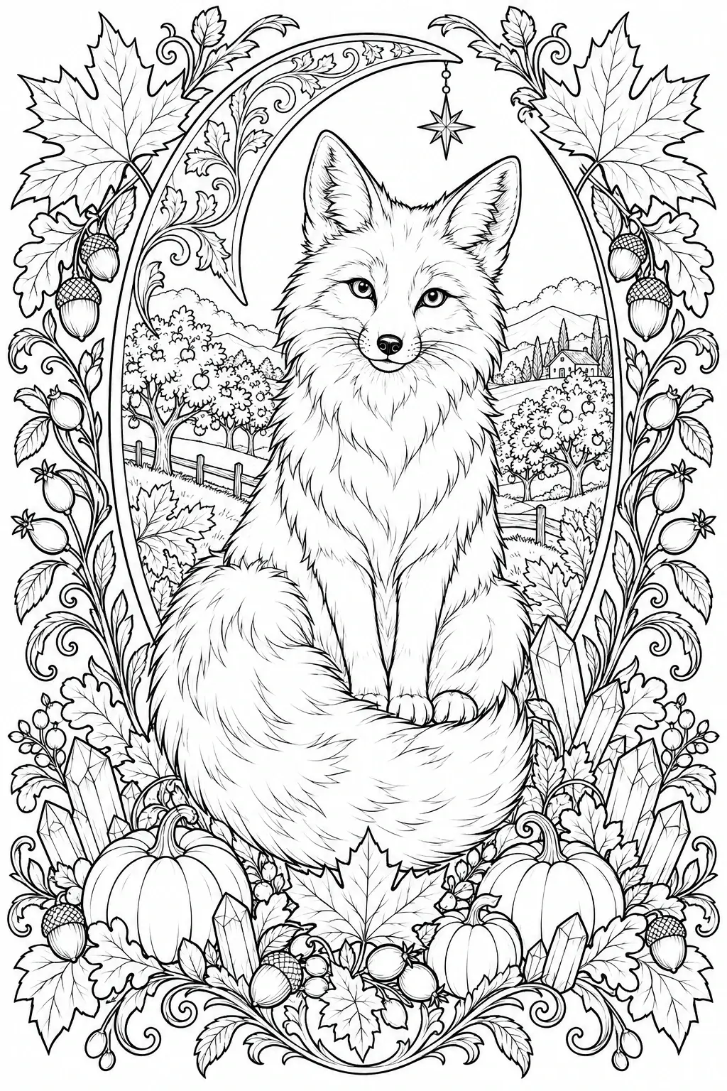 A fox sits in a black-and-white coloring page framed by autumn leaves, pumpkins, acorns, and a harvest landscape.
