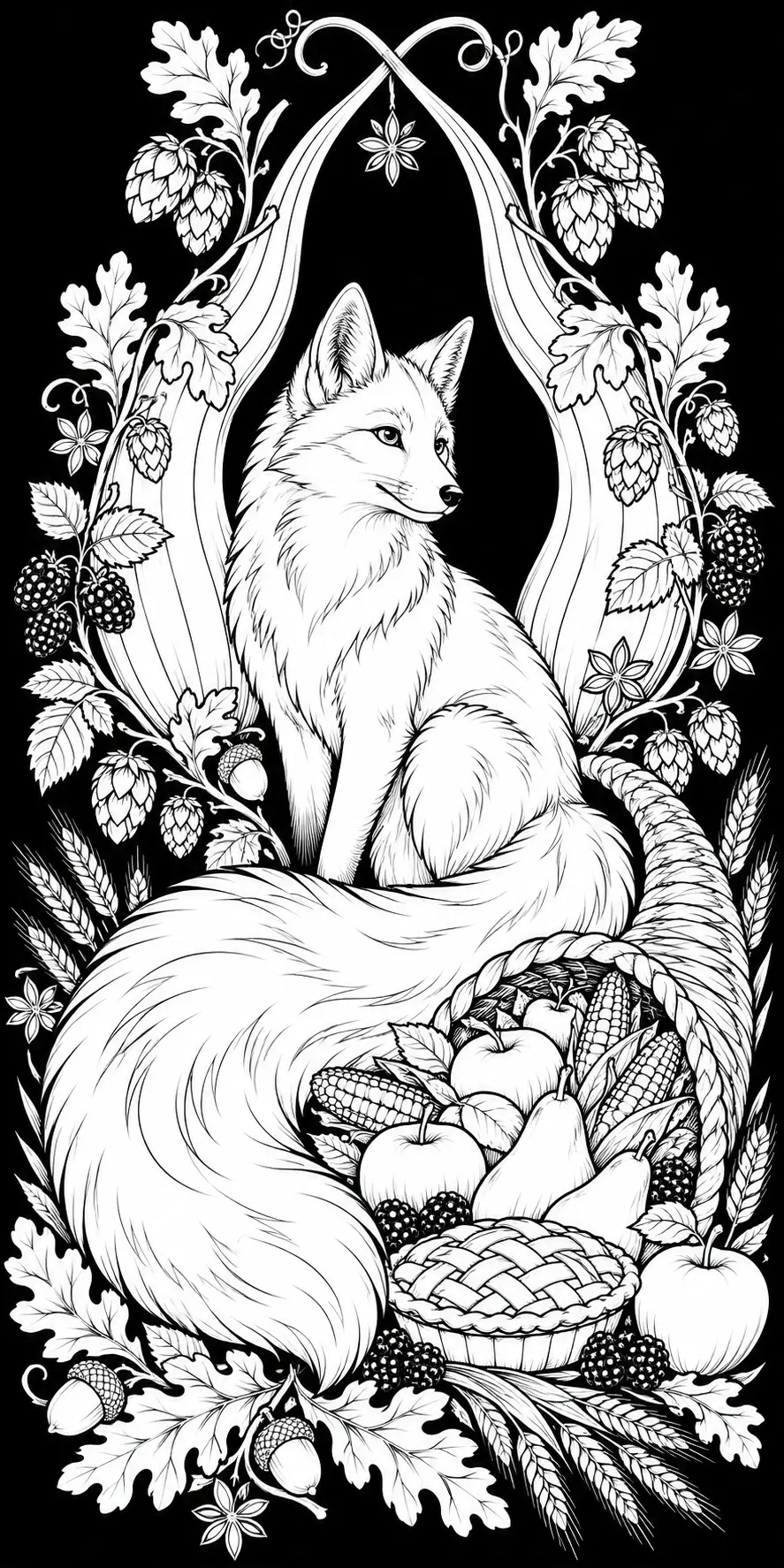 A seated fox is surrounded by oak leaves, berries, wheat, fruit, and a lattice pie in this detailed coloring page.