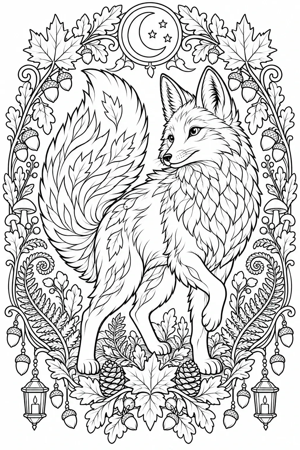 A detailed fox coloring page with autumn leaves, acorns, and hanging lanterns in a decorative frame.