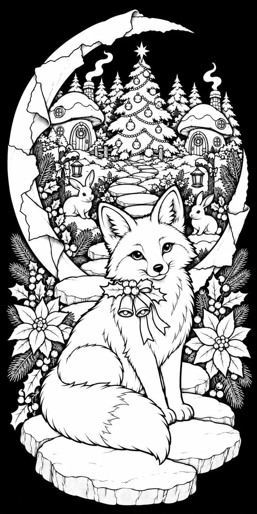 A black-and-white coloring page shows a fox sitting on a stone path in a winter woodland scene with rabbits, cabins, and a decorated Christmas tree.