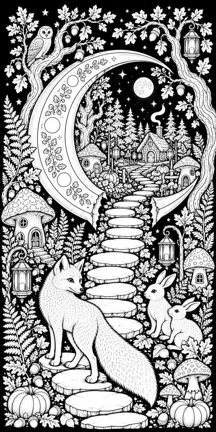 An intricate black-and-white coloring page shows a fox in a fantasy forest with a crescent moon, mushrooms, pumpkins, owls, and rabbits.