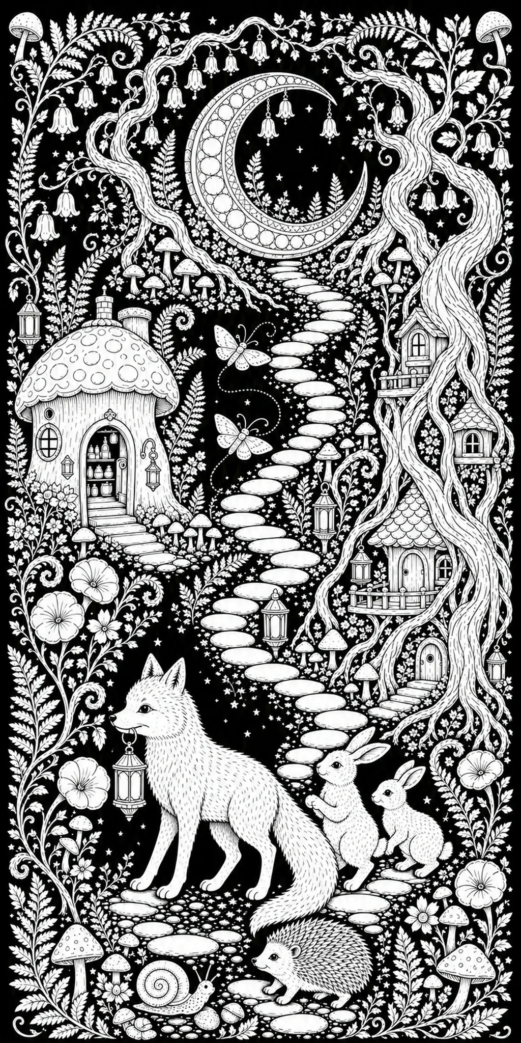 A black-and-white coloring page shows a fox with two rabbits and a hedgehog in a fantasy woodland scene with a crescent moon, lanterns, and mushrooms.