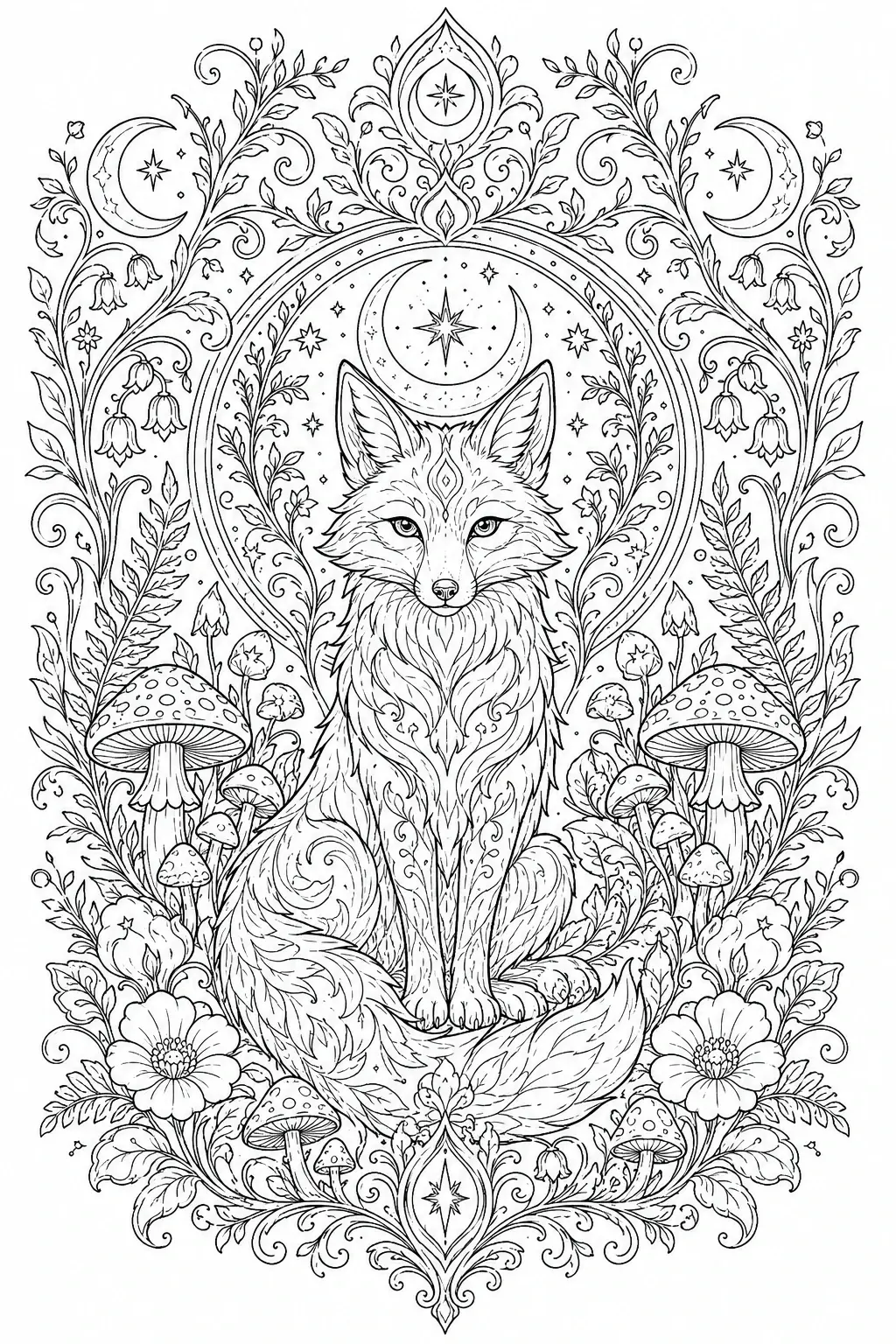 Intricate black-and-white coloring page of a fox sitting in an ornate floral frame with moons, stars, and mushrooms.