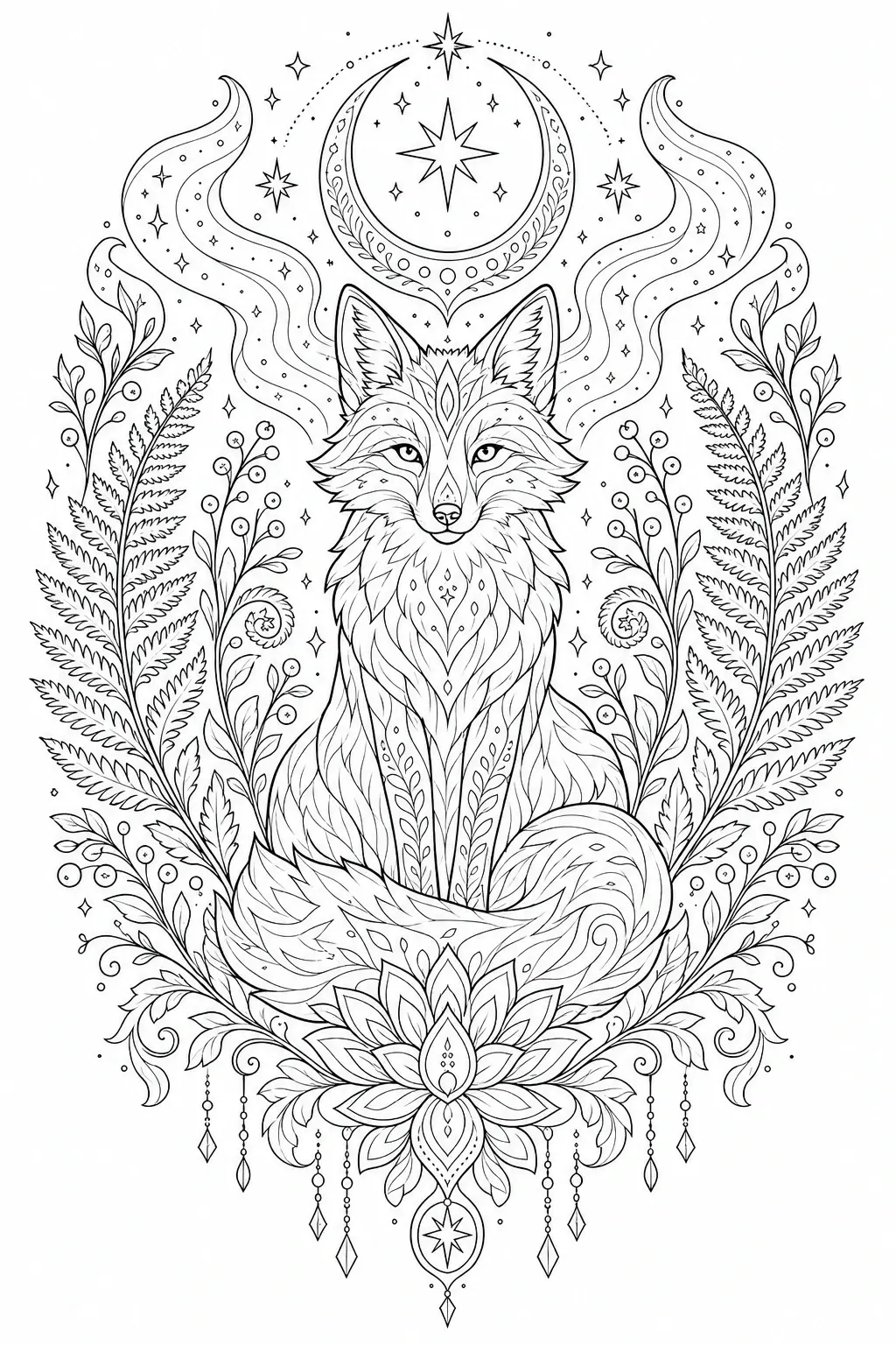 An intricate fox mandala coloring page with a crescent moon, stars, and floral decorations.