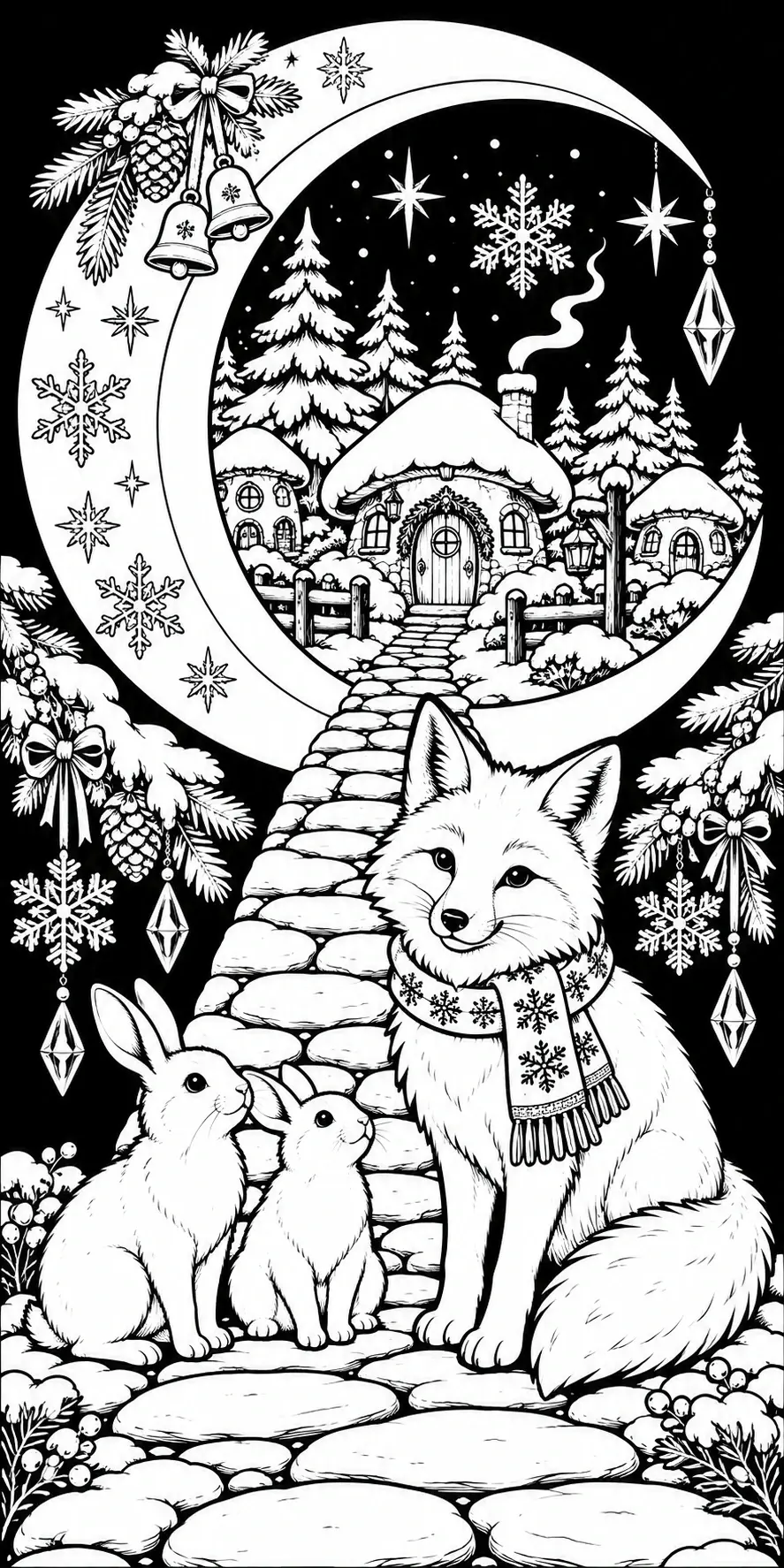 A fox wearing a snowflake scarf sits with two rabbits on a stone path in a snowy woodland coloring page.