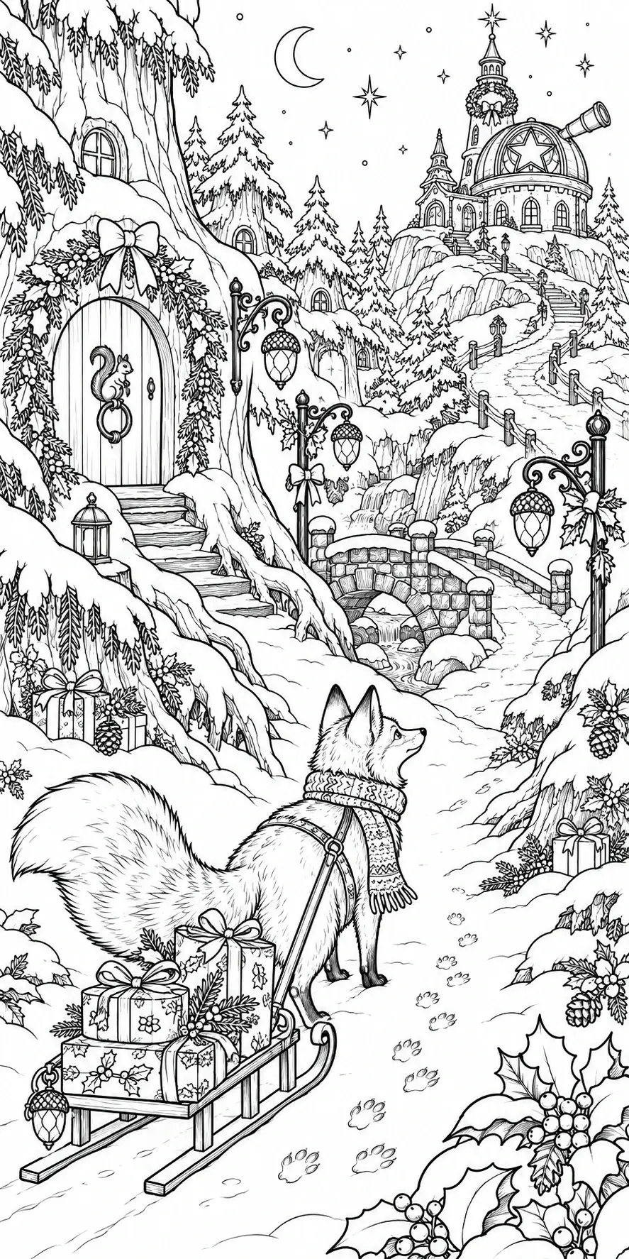 A scarf-wearing fox stands beside a sleigh loaded with gifts on a snowy path leading to a castle in this detailed coloring page.