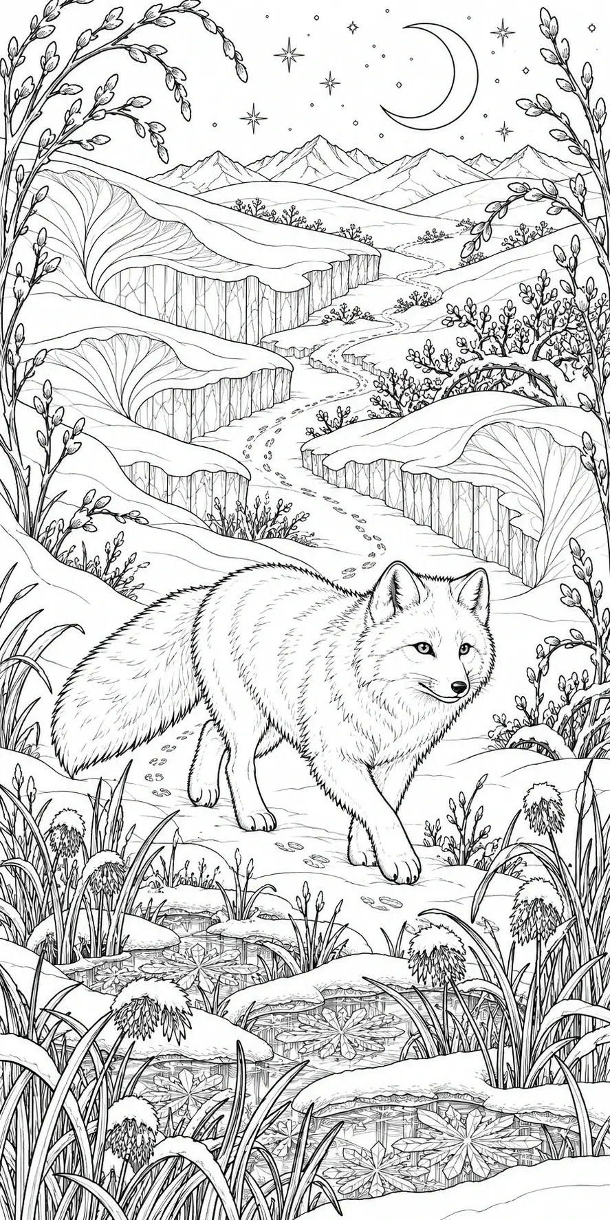 A fox walks through a snowy valley with mountain peaks, a crescent moon, and plants around a pond in this coloring page.