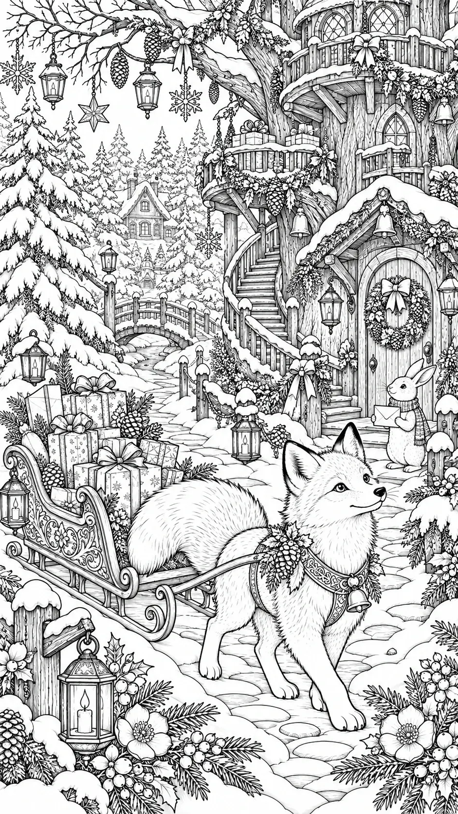 A fox in a winter village scene stands beside a sleigh with gifts, lanterns, and snow-covered trees in a black-and-white coloring page.