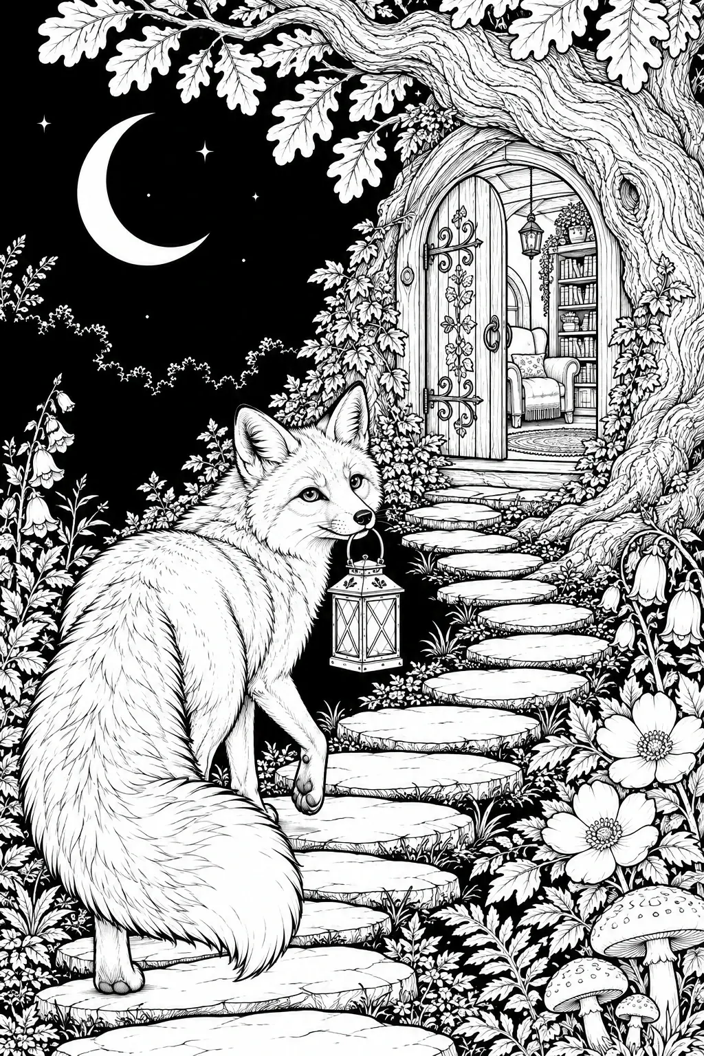 A detailed black-and-white coloring page shows a seated fox carrying a lantern beside a stone path leading to a treehouse, with flowers and mushrooms.