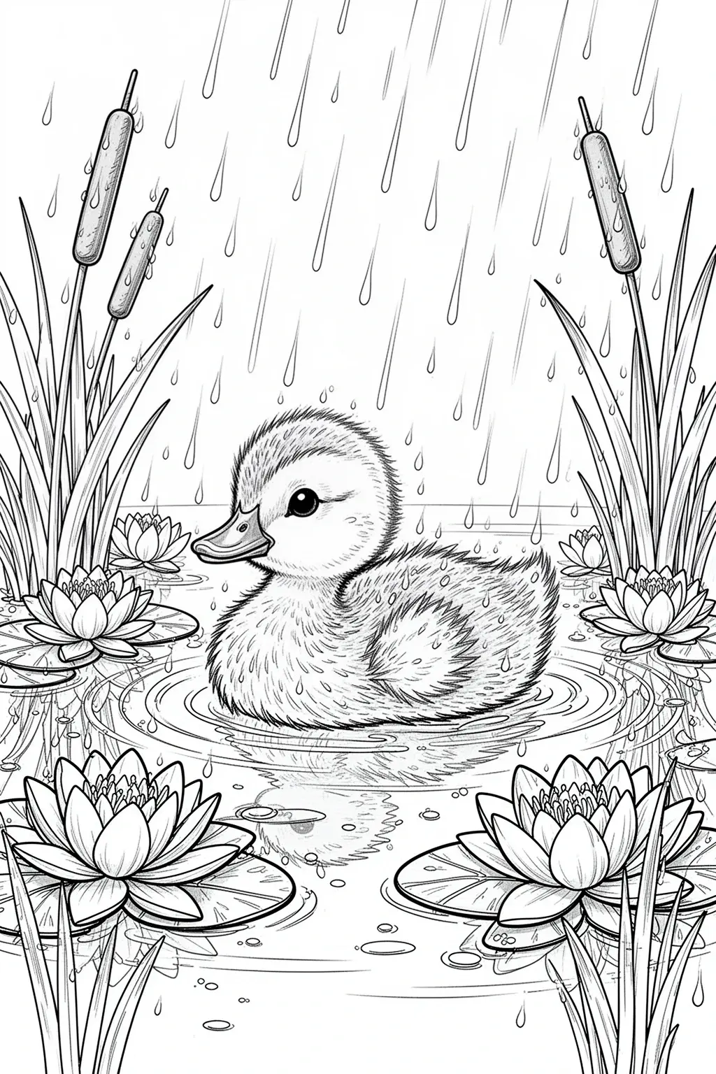 April showers ducklings coloring page: baby ducks swimming in a spring pond.