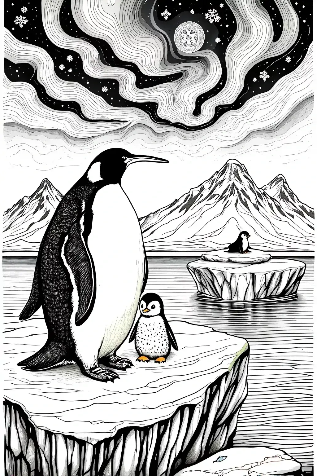Free Arctic Penguin Family Coloring Page printable black and white coloring sheet.