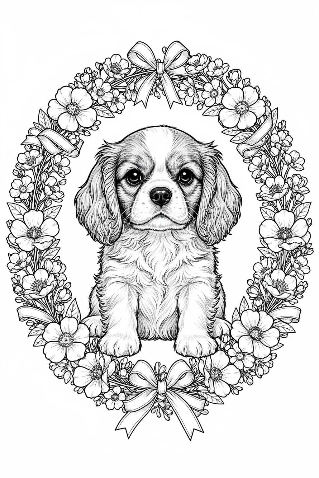 Free Cavalier Spaniel spring wreath coloring page.