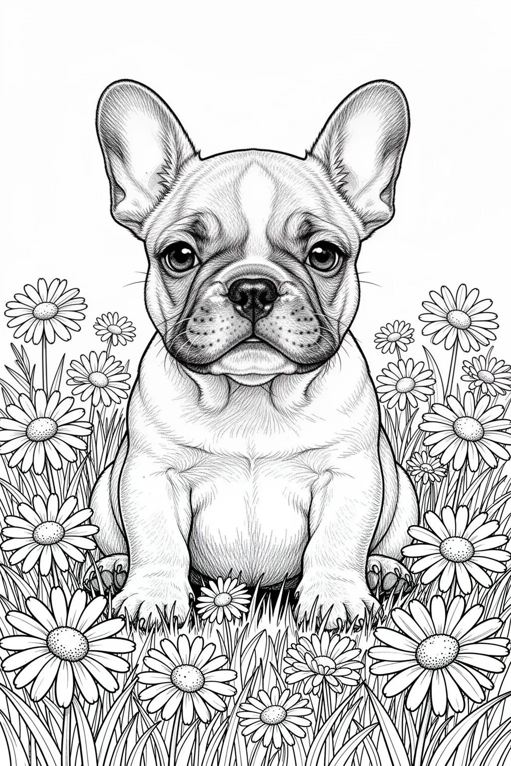 French Bulldog puppy sitting in a field of spring daisies coloring page.