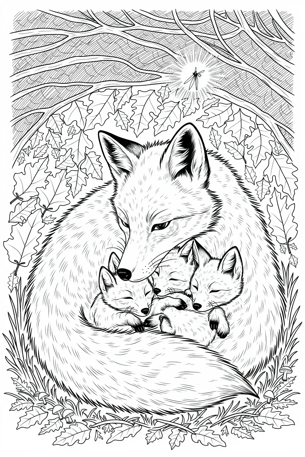 Black and white fox family coloring page showing a mother fox cuddling three sleeping cubs in a nest of fall leaves, branches, and mushrooms; detailed coloring page for kids' coloring page, printable