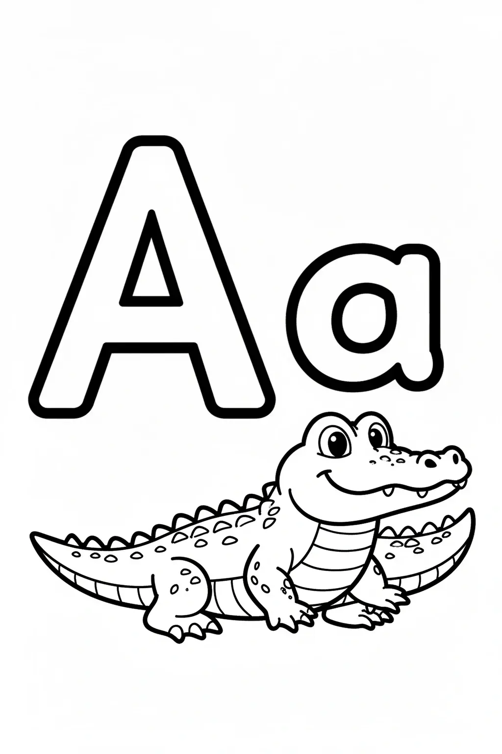 Black and white line art of the letter A next to a cute alligator, designed as a coloring page for kids.