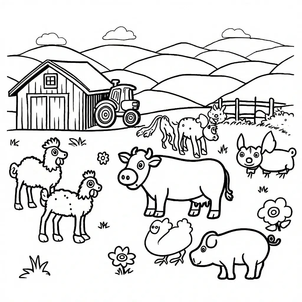 Black-and-white farm coloring page featuring a barn, tractor, cow, pig, sheep, chickens, and rolling hills. Animal-themed design that works as coloring sheets or part of a printable coloring page