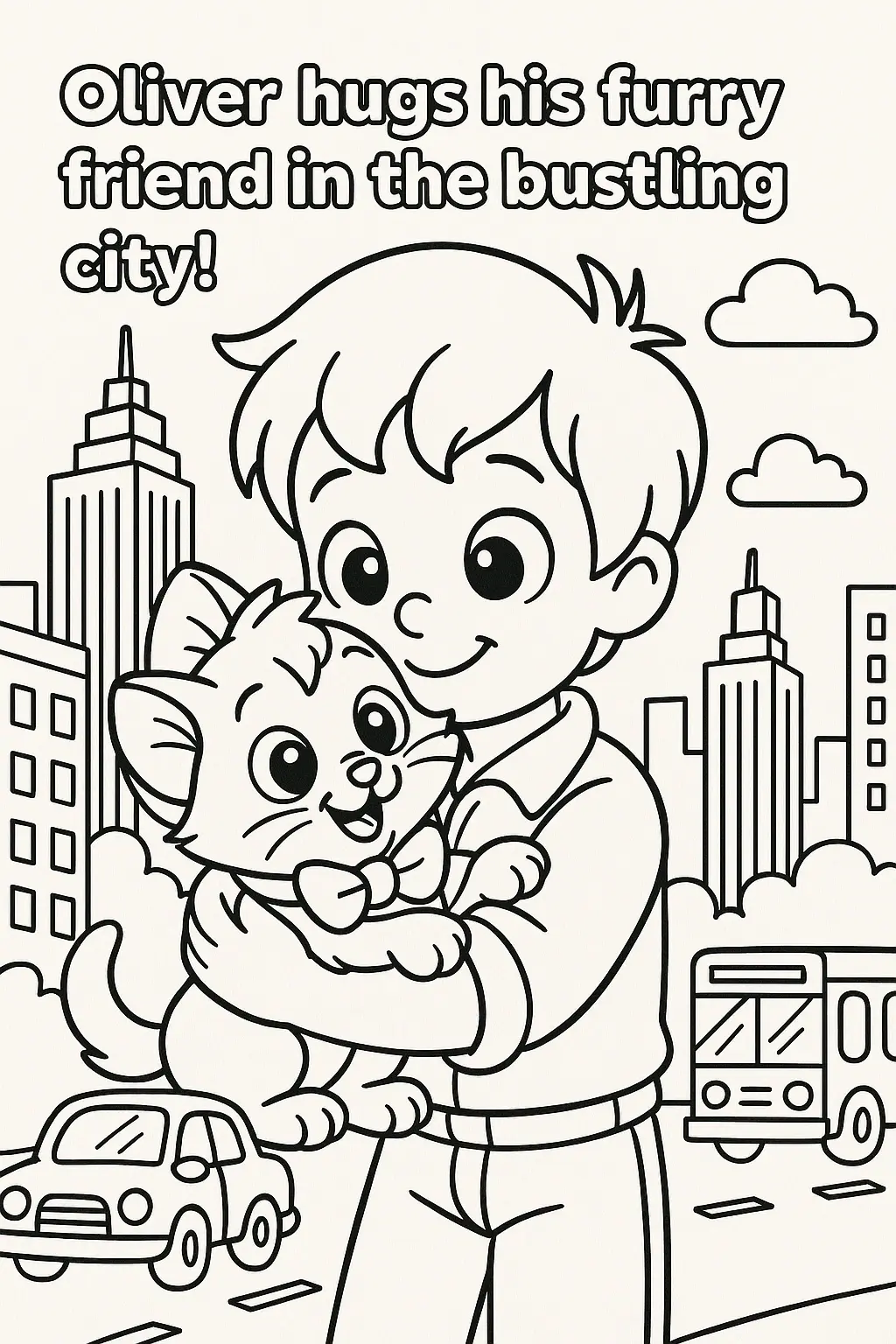 Black-and-white printable coloring sheet of a smiling boy hugging a cat in a bustling city. Detailed coloring page, kids' coloring page, printable coloring page, coloring sheets. Animal and people