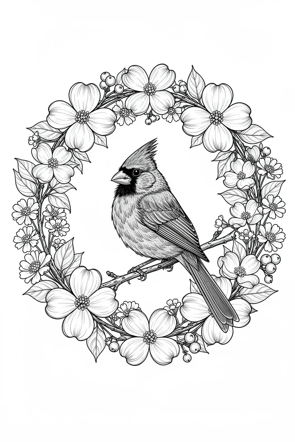 Black-and-white coloring page of a cardinal sitting inside a spring flower wreath.
