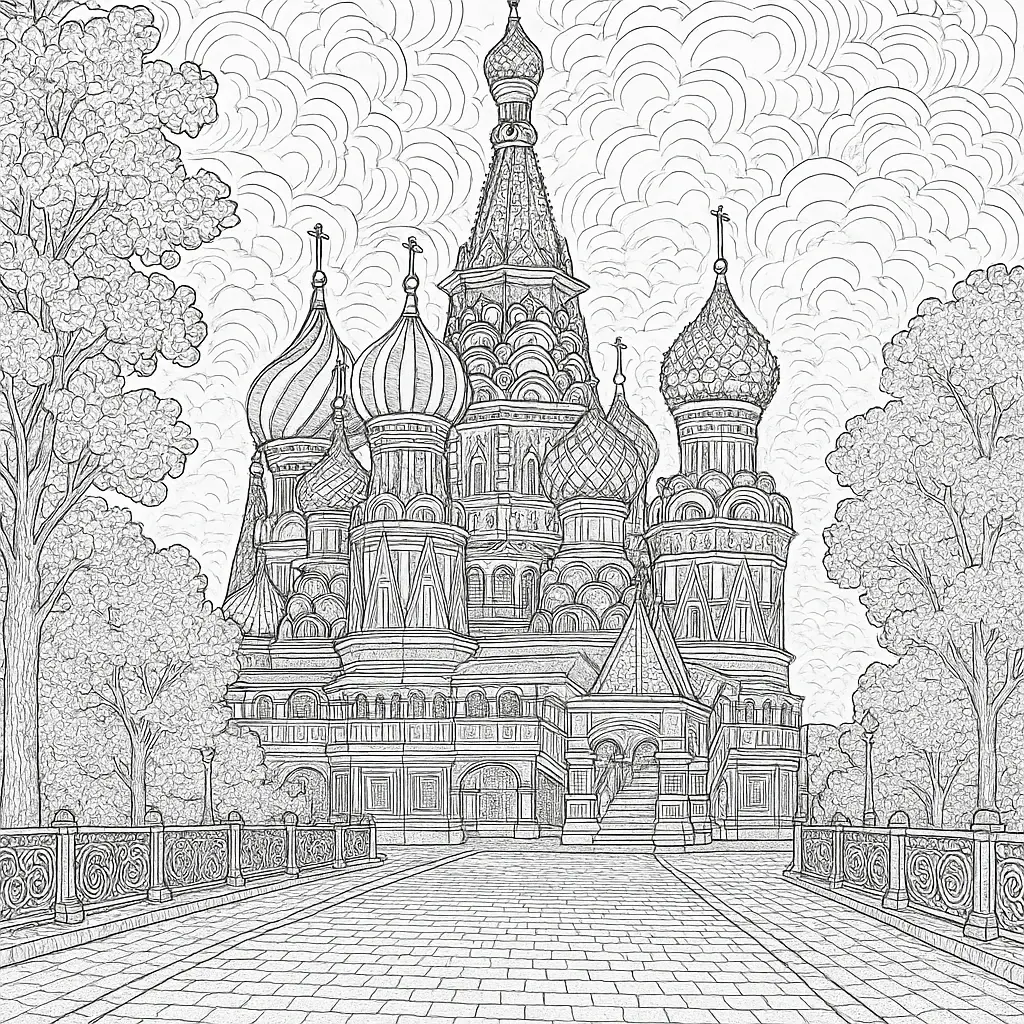 Black and white cathedral line art detailed coloring page perfect for kids' coloring page and an adult printable coloring page; intricate coloring sheets with domes, trees, and architectural patterns.
