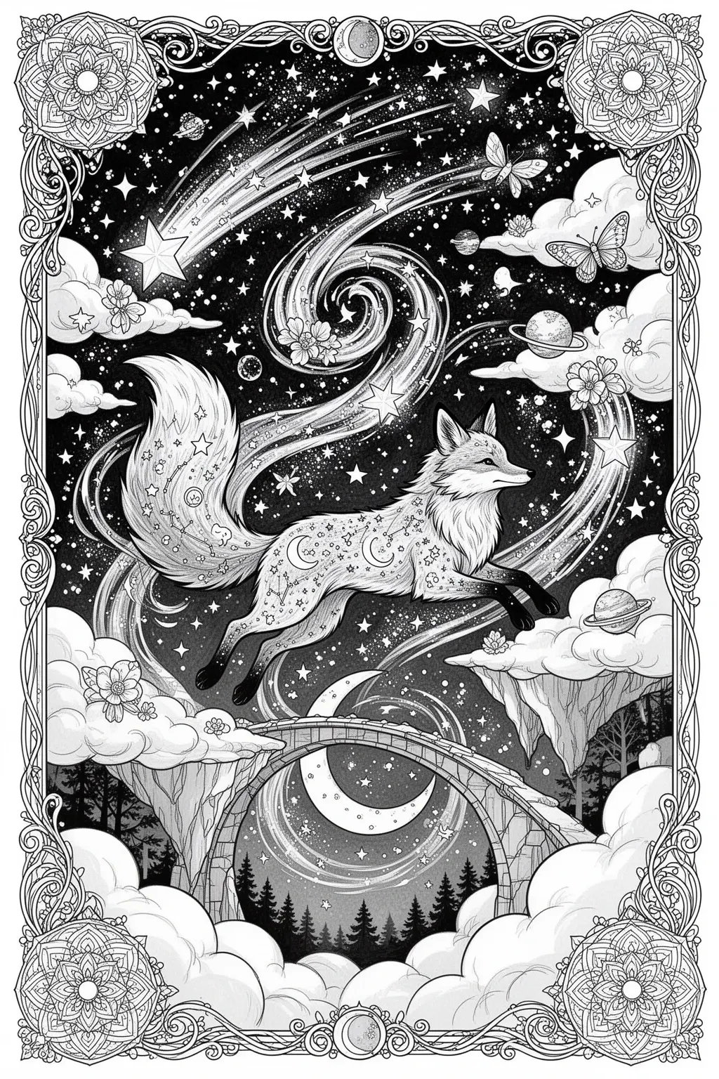 Can You Color This Celestial Fox Chase? Printable coloring page.