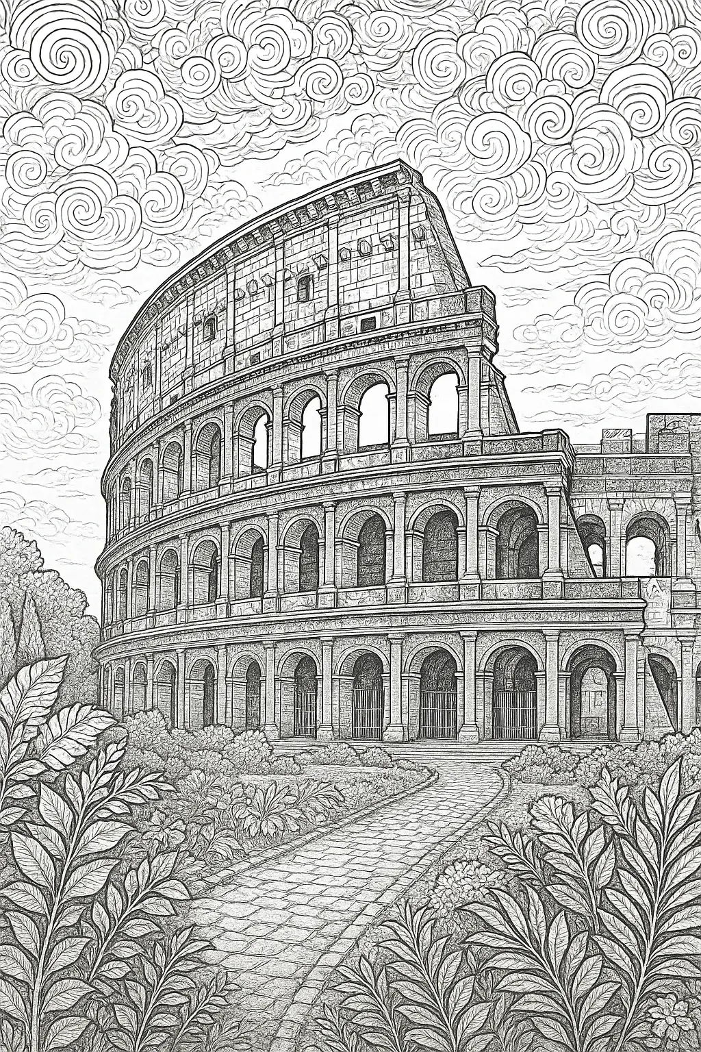 Black-and-white Colosseum coloring page with swirly mandala-style clouds and garden path detailed coloring page, kids' coloring page, printable coloring page, coloring sheets.