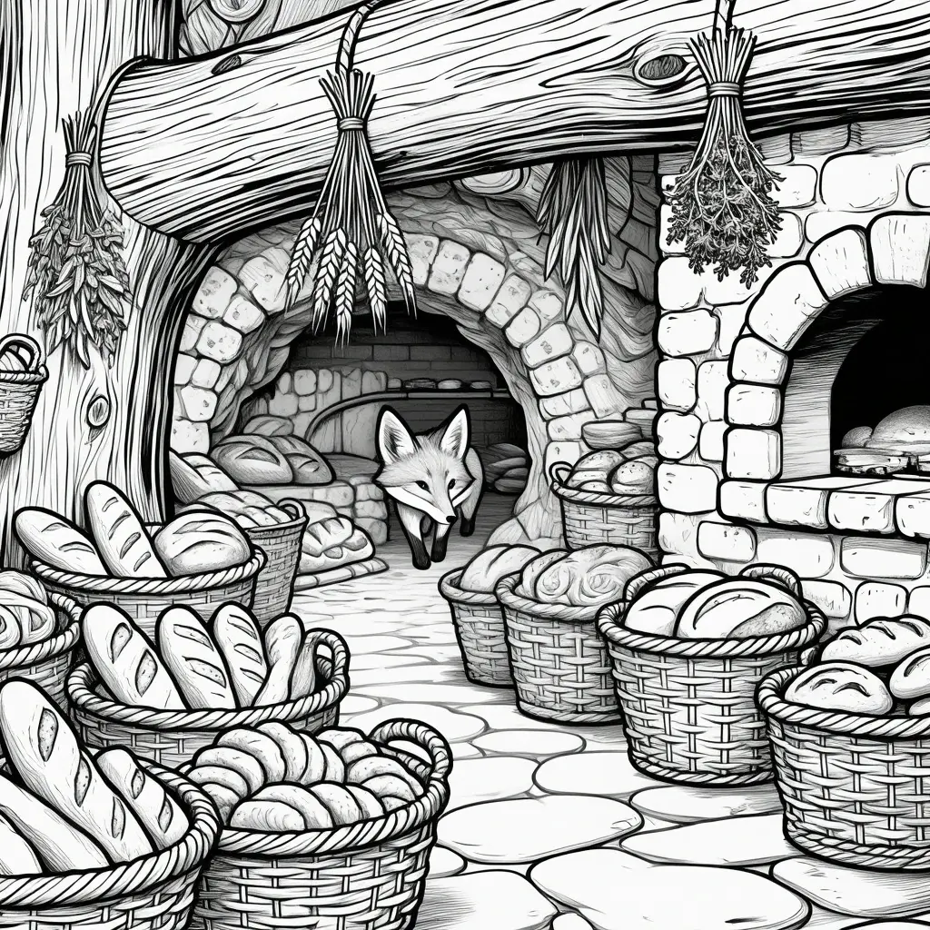Black and white printable coloring page of a fox walking through a cozy bakery village with baskets of bread, rustic stone ovens, hanging herbs, and detailed background scenery. Great for detailed
