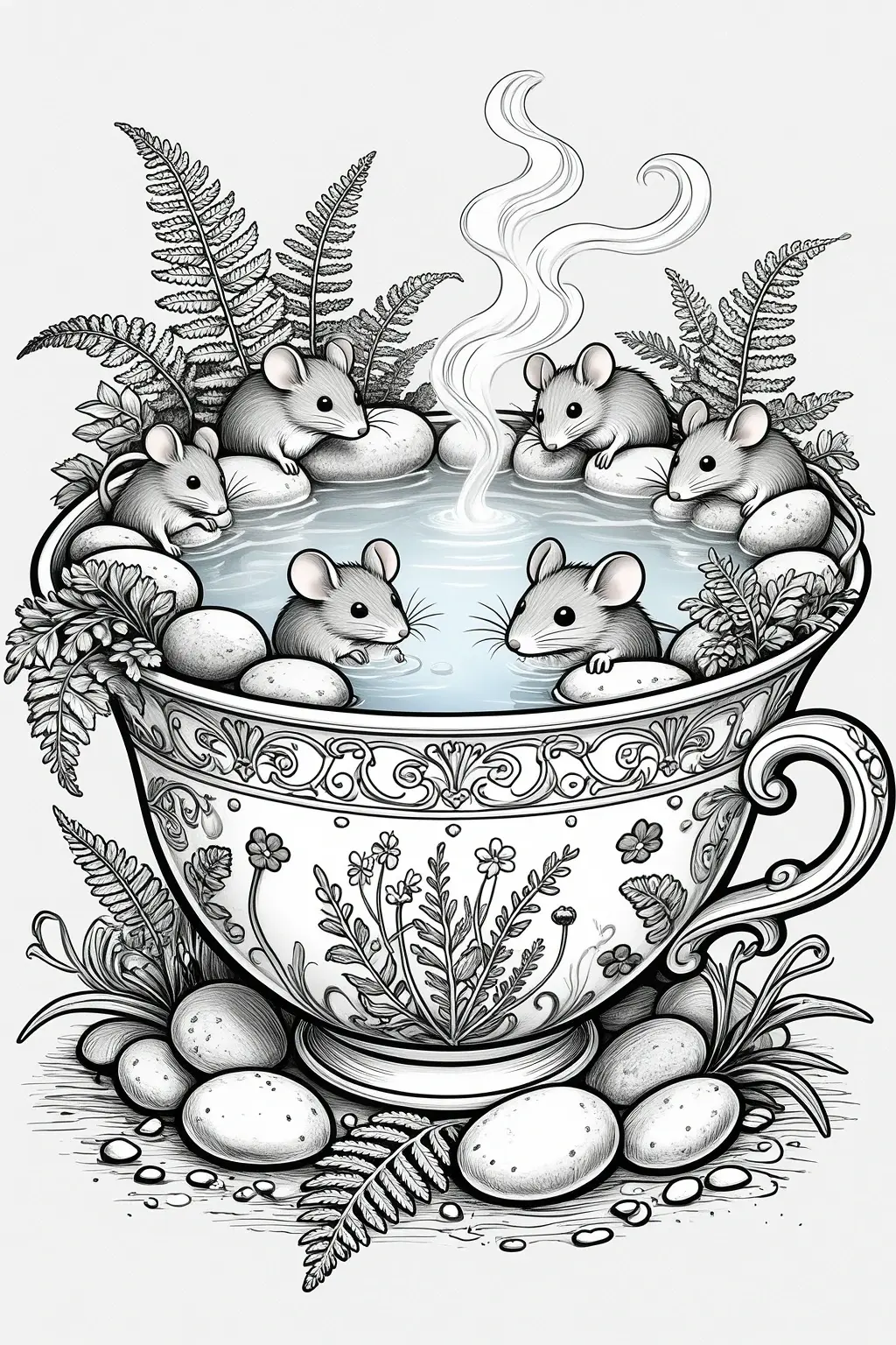 Black and white detailed coloring page of several adorable mice sitting in a decorative teacup filled with water, surrounded by fern leaves, stones, flowers, and steam, designed as a printable