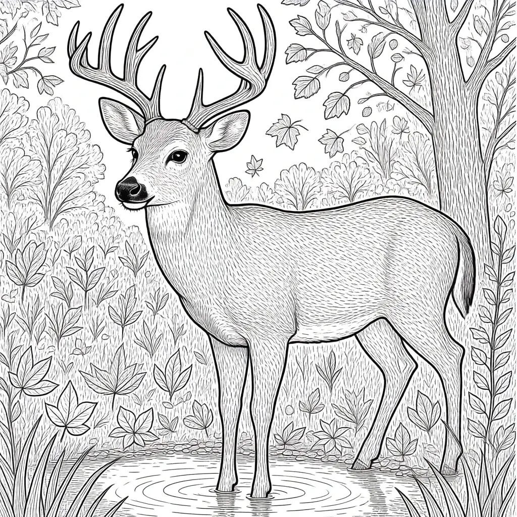 Black-and-white deer coloring page in a forest with leaves and plants detailed coloring page, kids' coloring page, printable coloring page and coloring sheets featuring an animal and fall scene.