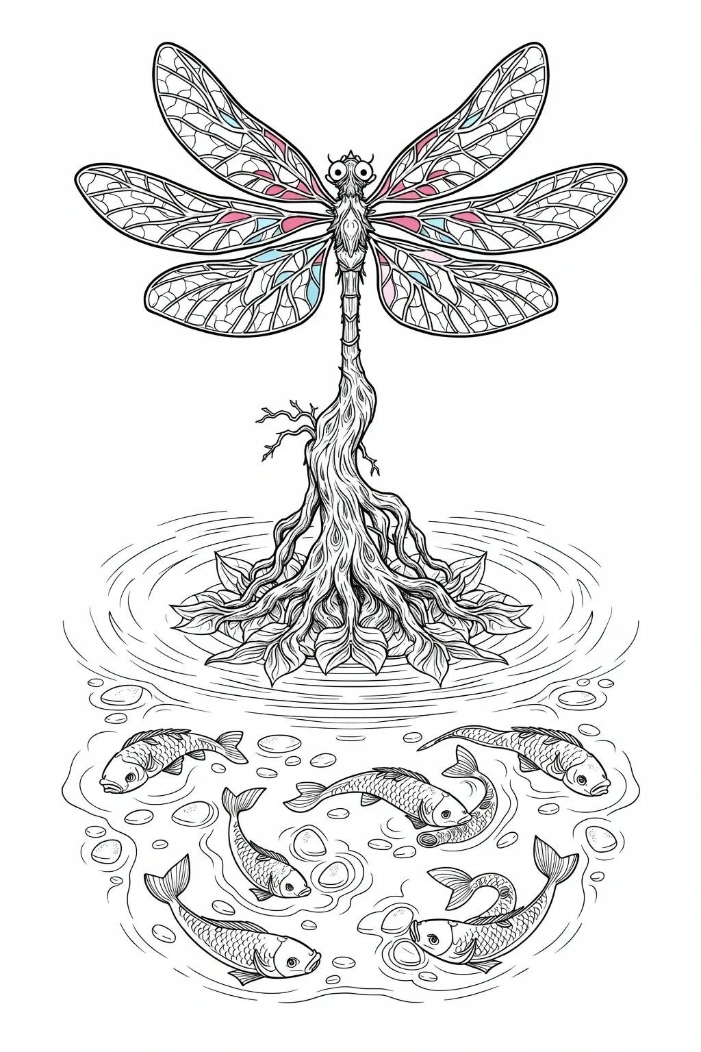 Hand-drawn dragonfly perched above a koi pond with roots extending into the water; black-and-white line art with small pastel pink and blue accents detailed coloring page, kids' coloring page