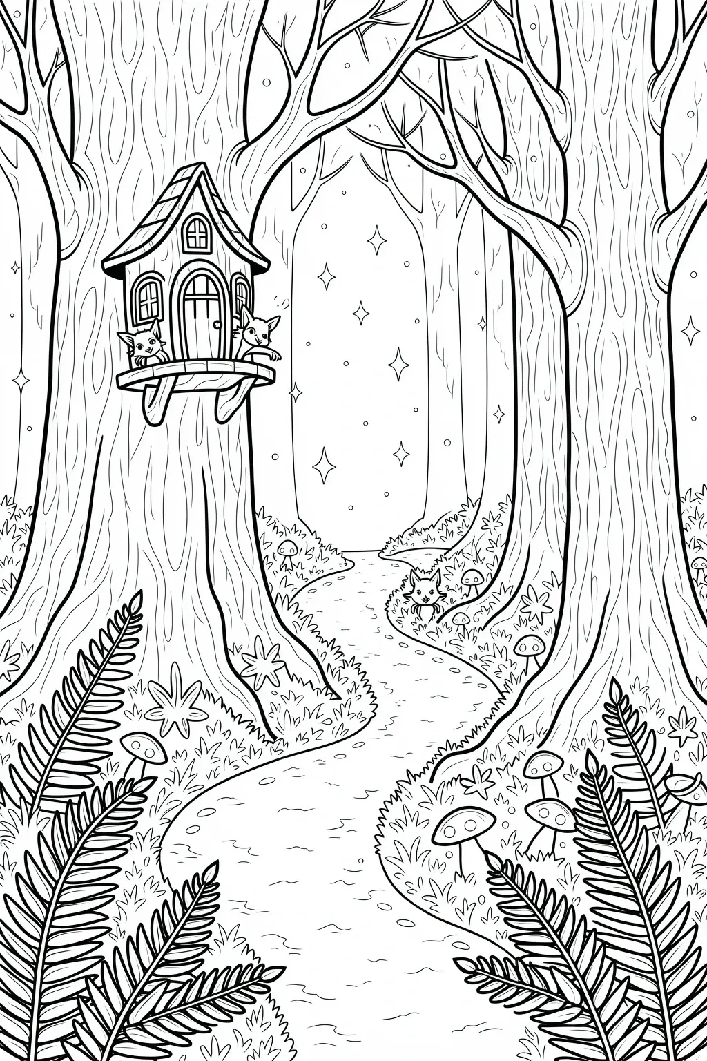 Black-and-white forest coloring sheet showing a treehouse in a large tree with two small animal friends on the porch, a winding path, mushrooms, ferns, and more animals peeking from the woods a
