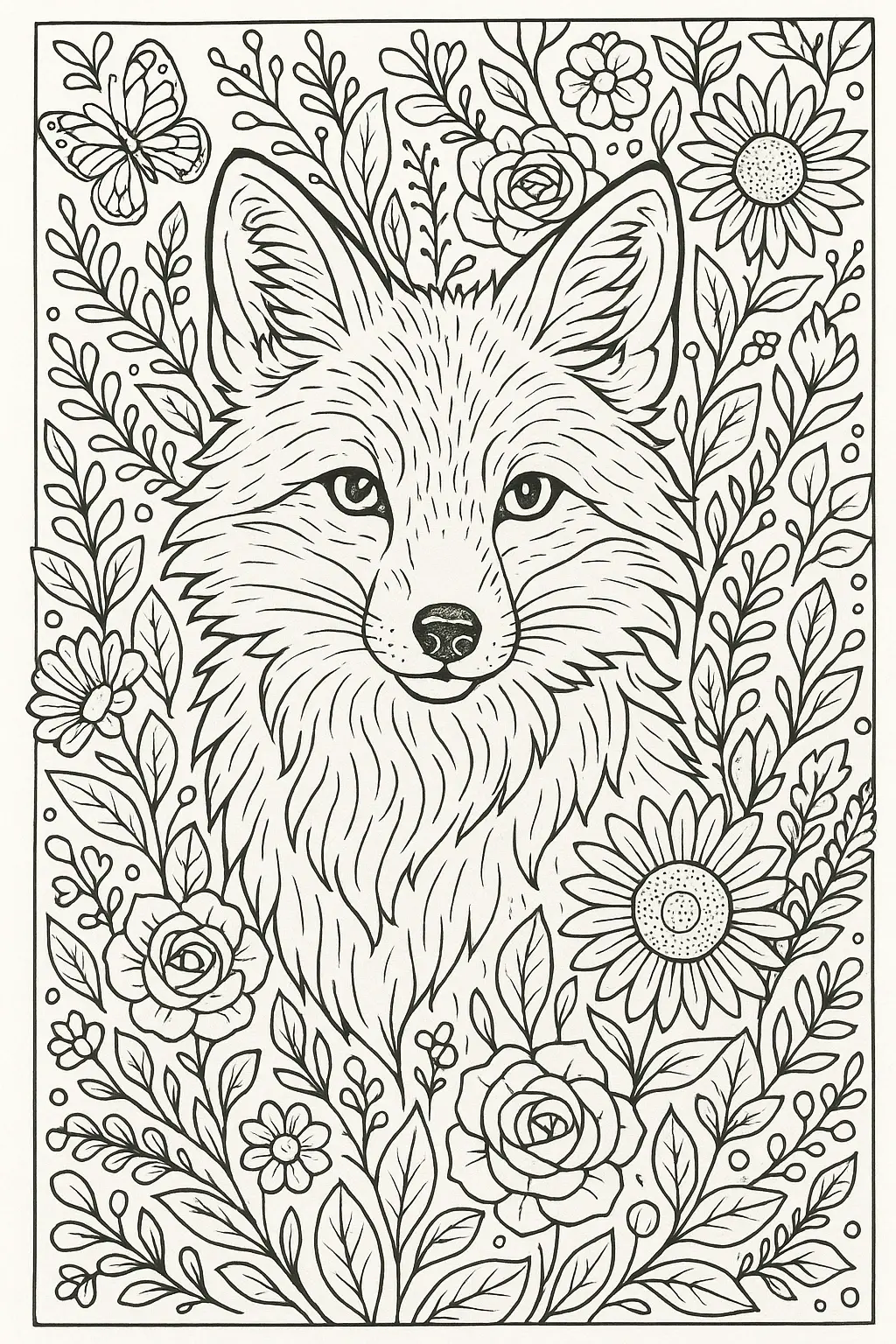 Black-and-white printable coloring page of a fox face surrounded by flowers and leaves, ideal detailed coloring page, kids' coloring page, printable coloring page and coloring sheets with floral and
