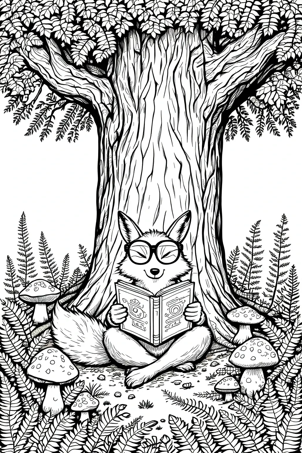 Black and white forest scene of an animal (fox) sitting under a tree reading a book detailed coloring page and kids' coloring page style, a printable coloring page and coloring sheets for download.