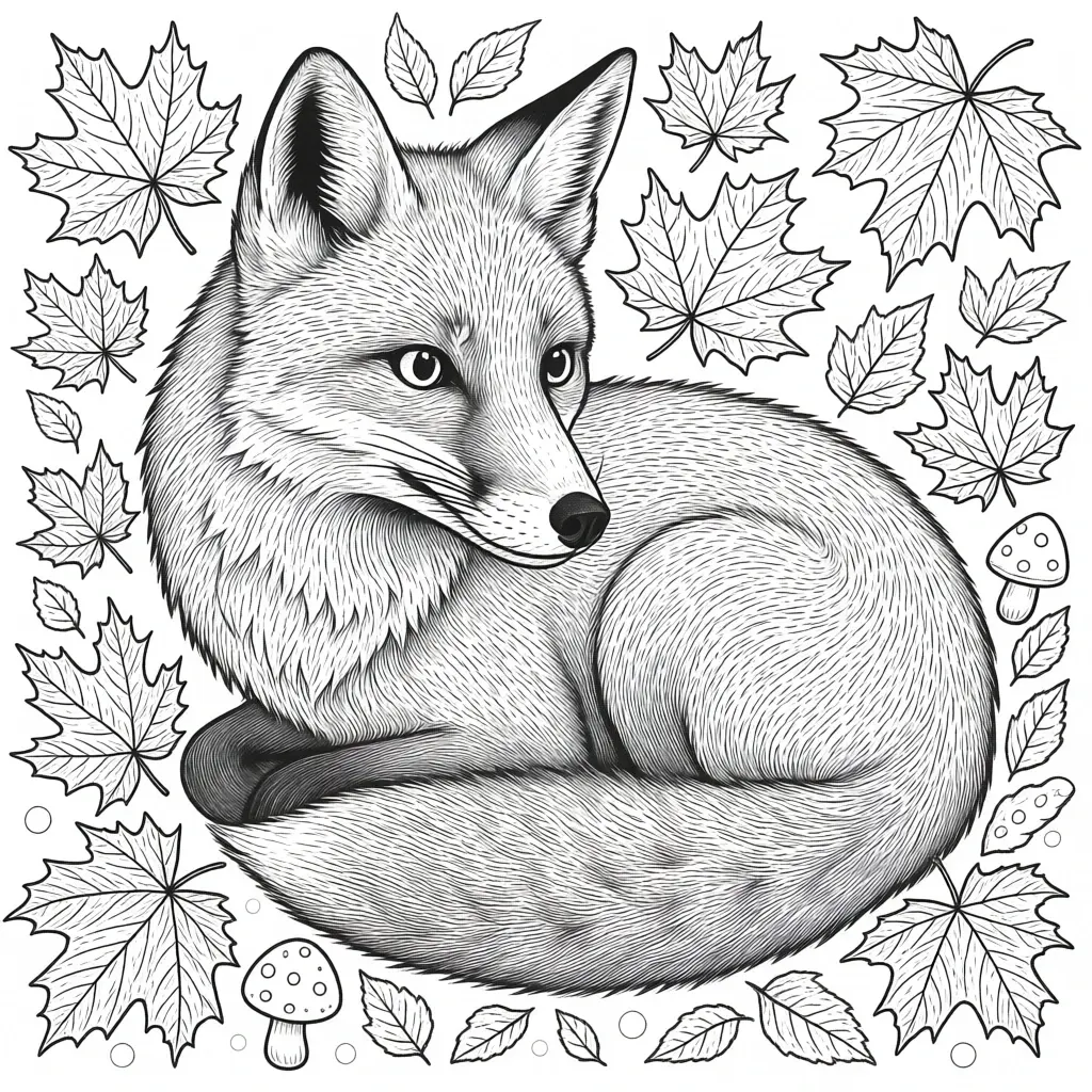 Black-and-white detailed line drawing of a curled fox surrounded by maple leaves and mushrooms a printable coloring sheets page suitable for kids' coloring page and a detailed coloring page printable