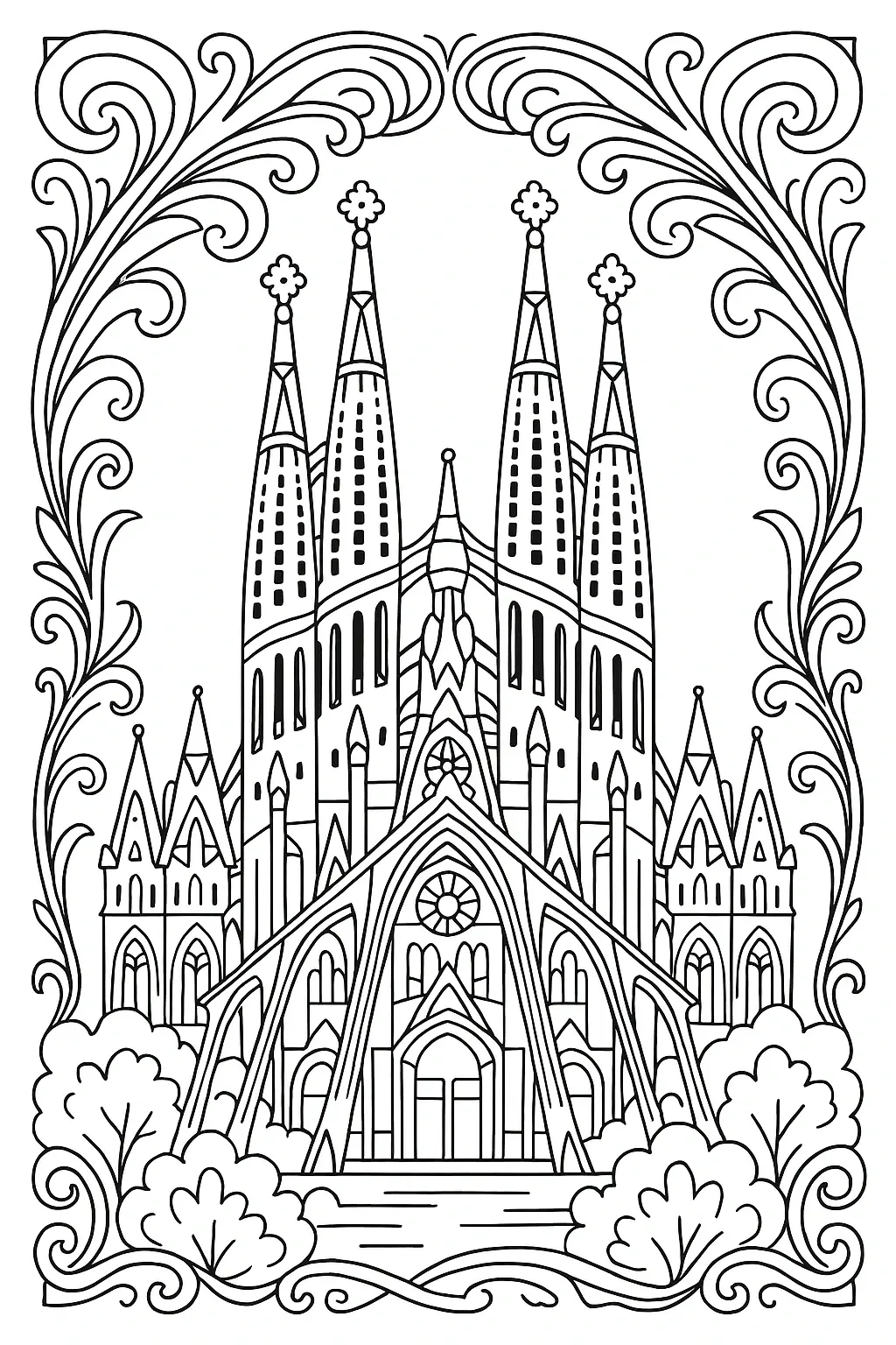 Black-and-white cathedral line art for a detailed coloring page activity; perfect kids' coloring page or adult relaxation a printable coloring page style coloring sheets page with architectural