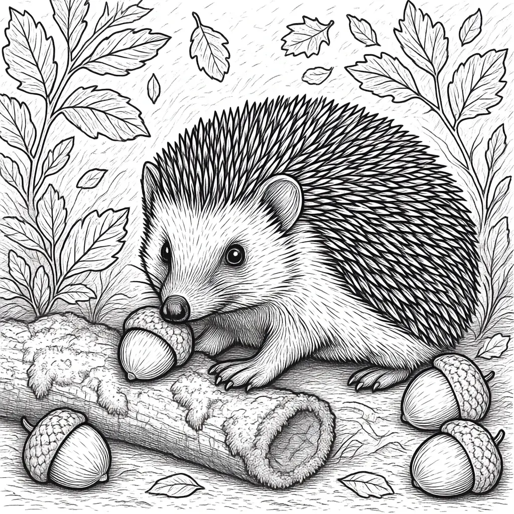 Black-and-white hedgehog holding an acorn in a fall scene intricate detailed coloring page line art suitable for kids' coloring page, printable coloring page downloads, and coloring sheets for autumn
