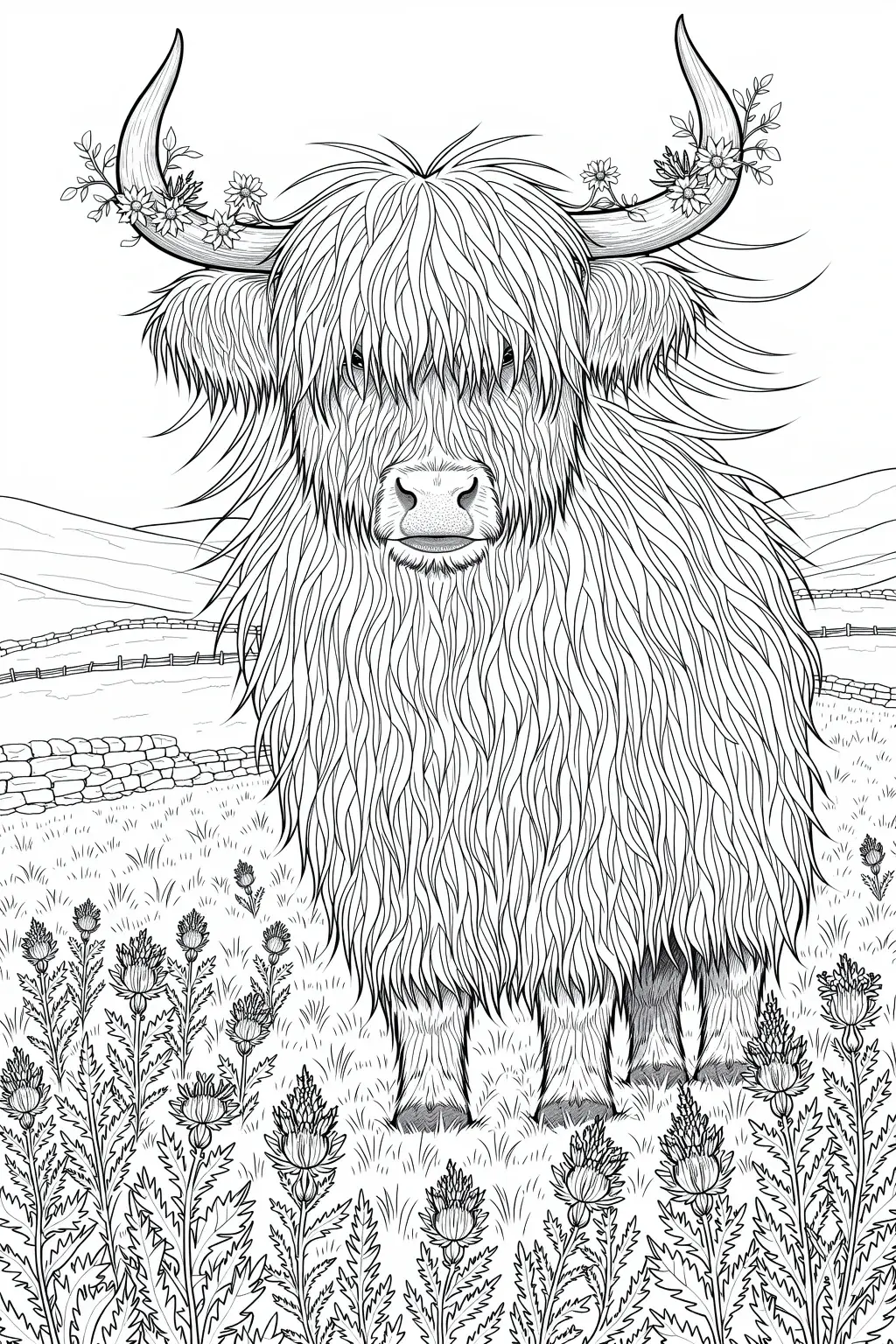 Black-and-white detailed coloring page of a fluffy Highland cow standing in a field with thistle flowers and stone walls great printable coloring page, kids' coloring page, detailed coloring page and