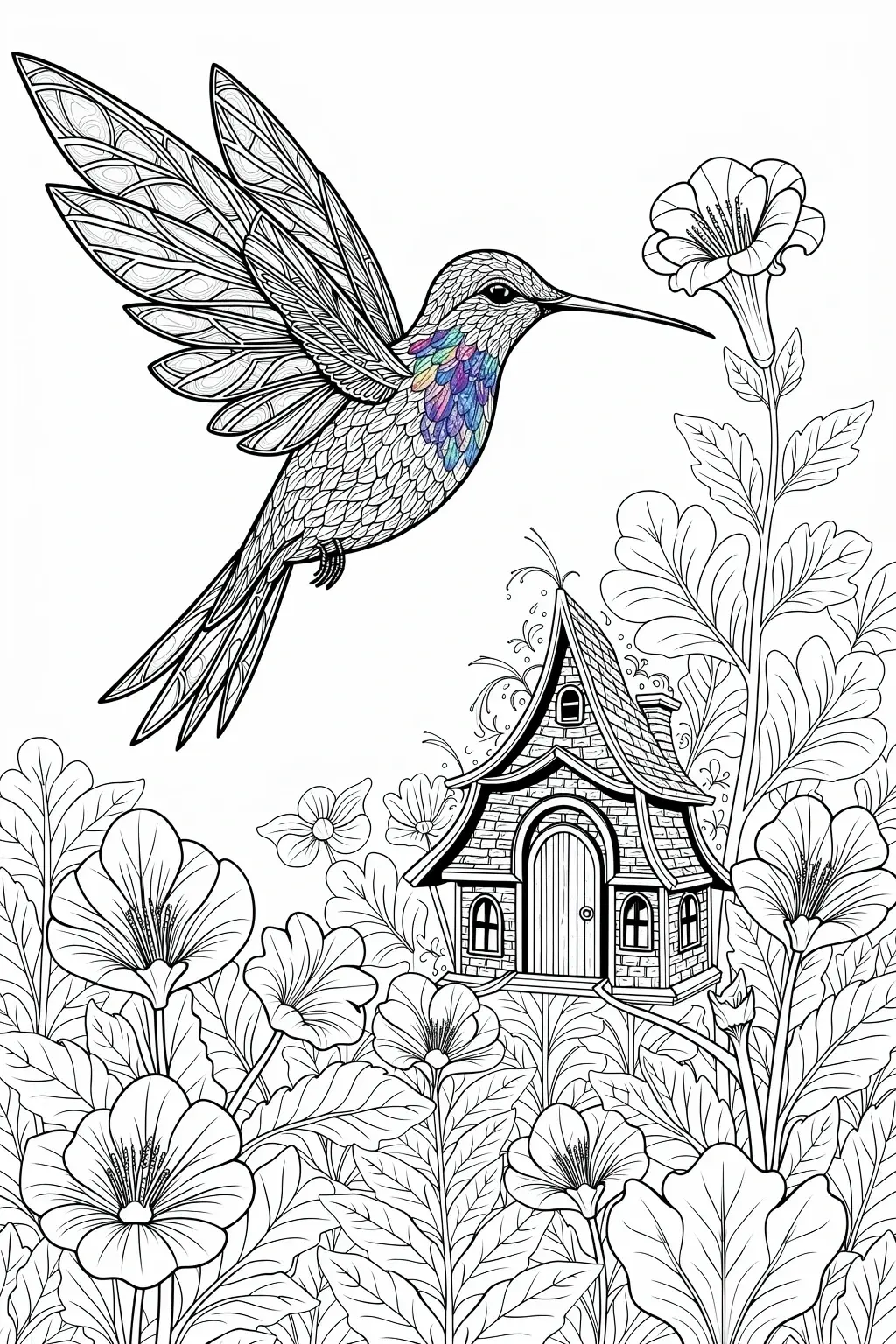 Intricate hummingbird coloring page over a flower garden and tiny cottage perfect detailed coloring page, kids' coloring page, printable coloring page and coloring sheets with spring and animal