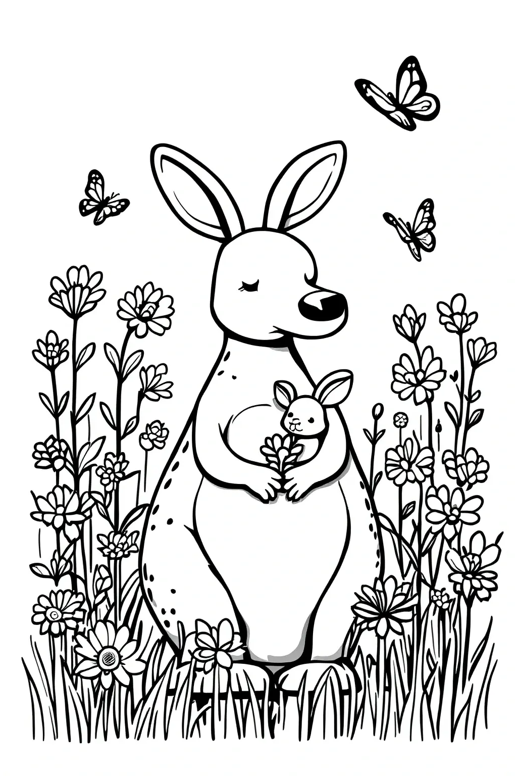 Black and white kangaroo coloring page with a joey in its pouch, surrounded by flowers and butterflies in a spring meadow, designed as detailed coloring page, kids' coloring page, printable coloring
