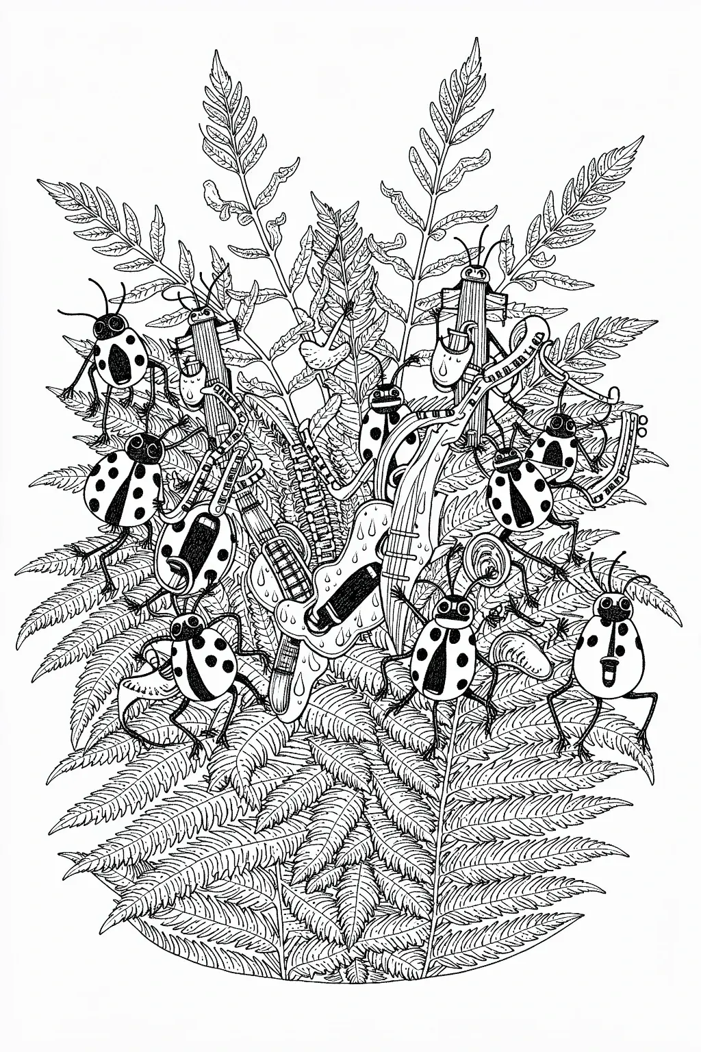 Black-and-white line art of musical ladybugs on fern leaves detailed coloring page and kids' coloring page style, ideal printable coloring page and coloring sheets for nature and animal themes.