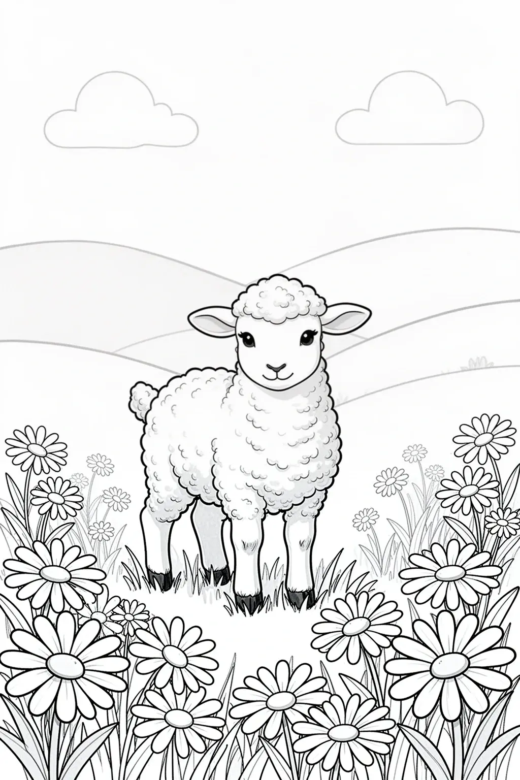 Black-and-white coloring page of lamb daisy meadow coloring page.