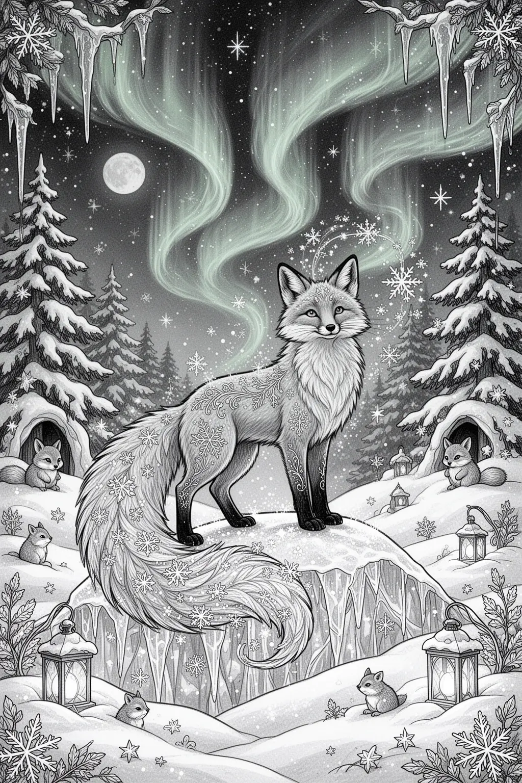 Snow Fox Magic Winter Wonderland coloring page.