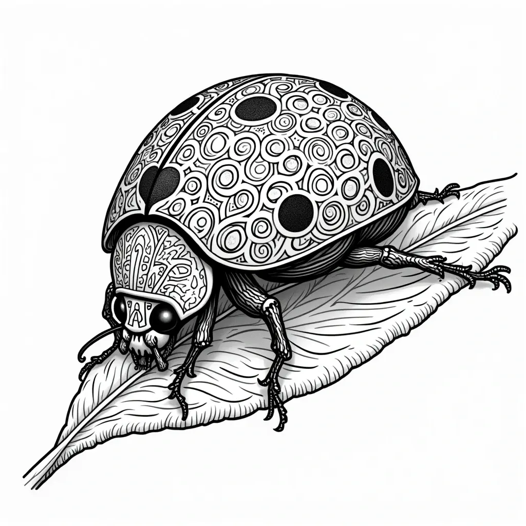 Black and white mandala-style ladybug illustration on a leaf; detailed coloring page, kids' coloring page, printable coloring page and coloring sheets featuring animal mandala design.
